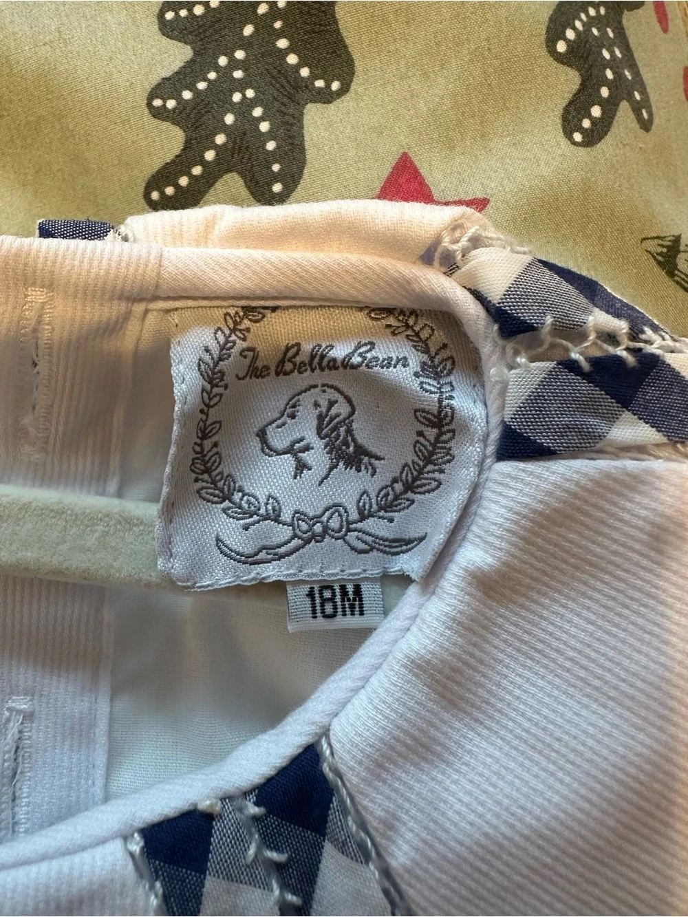 White 18M Bubble Romper with Navy Gingham Trim and Navy ‘A’ Monogram